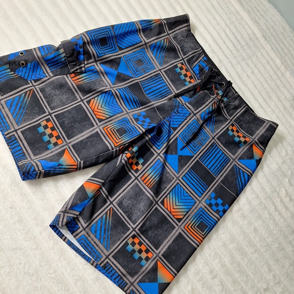 Hang Ten Board Shorts Mens 32 Blue Black Checkered  Quick Dry Reef Swim Surf